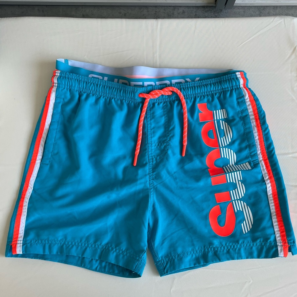 Superdry Teal Swim Shorts with Orange and White Stripes